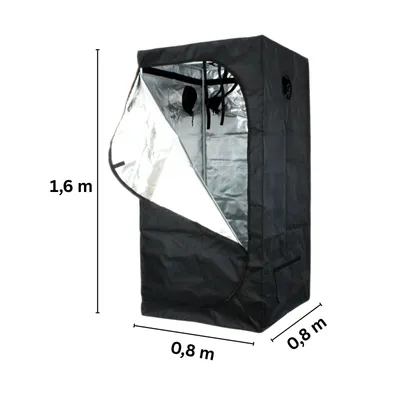 A black grow tent with its front flap open, showing the reflective interior. Dimensions are indicated with measurement lines and text.