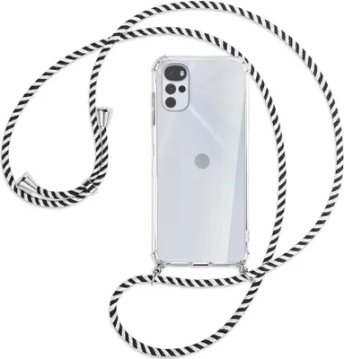 Produktbild von Handykette Backcover-Schutzhülle mit Band (Metall silberfarben) für Motorola Moto G22 4G - schwarz/weiß gestreift