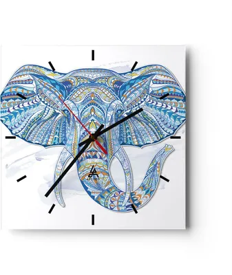 Produktbild von Wanduhr - Quadrat - Glasuhr - Elefant Muster Tierwelt Afrika - 40x40cm - Schleichendes Uhrwerk - Lautlos - zum Aufhängen bereit - Dekoration Modern - Wanddekoration aus Glas - C3AC40x40-3089