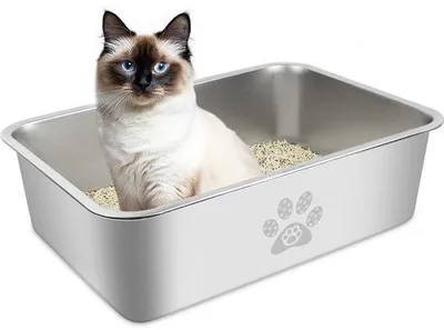 Immagine prodotto di Ibenzoa® Lettiera per gatti in acciaio inossidabile, dimensioni 40 x 30 x 10 cm, con rivestimento antiaderente e 4 piedini in silicone – robusta, antiscivolo, adatta a gatti di grossa taglia e piccoli animali