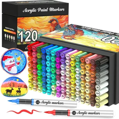 Produktbild von Acrylstifte Set 120 Farben Wasserfest Pinselspitze zum Bemalen von Glas, Keramik, Holz, Stoff & Papier
