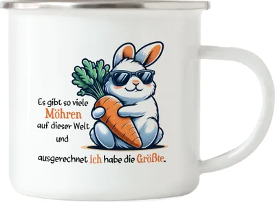 Produktbild von Es gibt so viele Möhren Hase Emaille Tasse Ostern Häschenspruch Vatertag