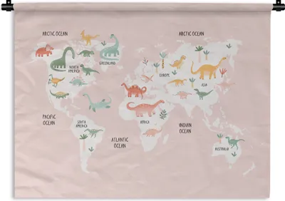 Produktbild von MuchoWow® Wandteppich Wandbehang Weltkarte - Kinder - Dino 60x45 cm Tapisserie Dekoration Wandtuch - Das Schlafzimmer