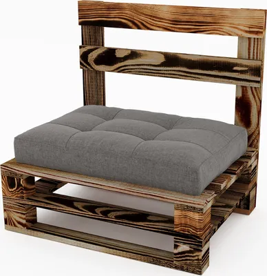 A chair made from wooden pallets with a gray cushion.