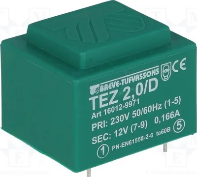 Immagine prodotto di 1 trasformatore: rivestito, corrente nominale 166,6 mA, tensione di ingresso 230 VAC, tensione di uscita 12 V, potenza 2 VA. Montaggio: TEZ2/D230/12V - trasformatore