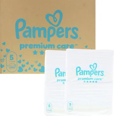 A cardboard box with Pampers branding and two packs of diapers.