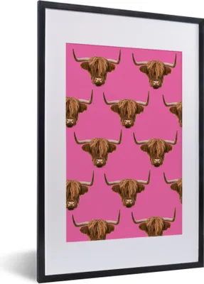 Produktbild von MuchoWow® MuchoWow® Gerahmtes Poster Schottisches Hochlandrind - Muster - Rosa 40x60 cm - Poster mit zchwarzem Bilderrahmen - Poster in Rahmen