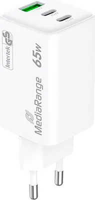A white Mediarange 65W GaN charger with two USB-C ports and one USB-A port.