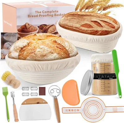 Immagine prodotto di Set per lievito madre - Backset, 21 pezzi - 2 cesti di rattan per la lievitazione - Contenitore in vetro da 900 ml - Accessori completi per la panificazione - Rosa
