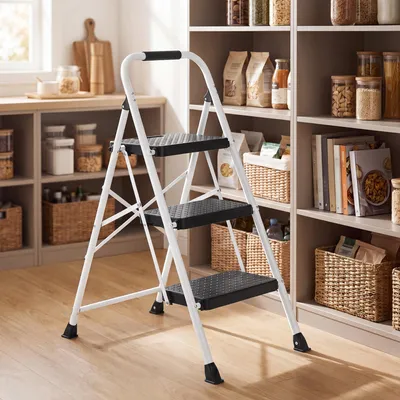 Produktbild von SONGMICS Trittleiter klappbar, 3-stufige Klappleiter aus Stahl, belastbar bis 150 kg, für Haushalt und Garten, weiß
