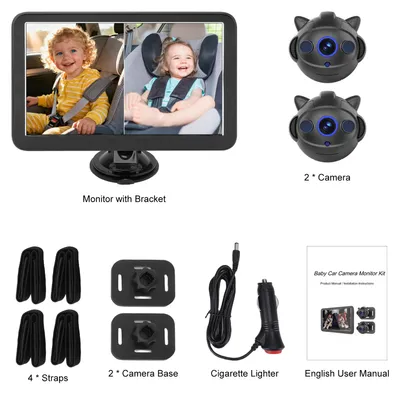 Obrázok produktu pre Detská kamera do auta, dvojkanálový 9-palcový monitor s rozlíšením 1080p, 2 infračervenými kamerami s nočným videním a širokým uhlom záberu 150° pre zadné sedadlá, bezpečnosť pre deti,