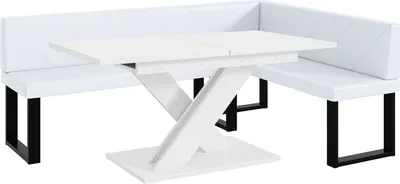 Produktbild von MEBLINI Eckbank für Esszimmer mit ausziehbarem Tisch  - Küchenbank - Essecke - Sitzecke Küche - ERIC - U-Beine 142x196x87cm Rechts - Weiß Kunstleder/B Weiß Matt