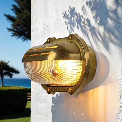 Produktbild von Außenleuchte Wand IP64 E27 Glas Messing massiv Maritim Terrasse Hof Außenwandlampe