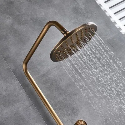Immagine prodotto di Miscelatore per doccia con soffione a pioggia da 8 pollici e doccetta manuale - stile antico, finitura ottone