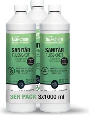 Produktbild von bio-chem Sanitärflüssigkeit für Campingtoilette - 3x 1 L inkl. Dosierbecher - Mikrobiologischer Toilettenzusatz hochkonzentriert - Wirkt gegen Fäkalien, Papier & Gerüche im Fäkalientank - DE
