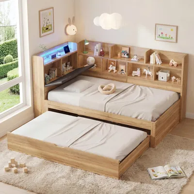 Produktbild von Flieks Jugendbett Tagesbett 90x200cm mit Usb und Type-c, Schlafsofa Holzbett mit Ausziehbett 90x190cm, Einzelbett Kinderbett mit Led, Naturbelassen
