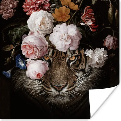 Produktbild von MuchoWow® Poster Tiger - Blumen - Kunst 75x75 cm - Wand Dekoration