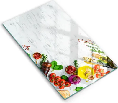 Produktbild von Glasschneideplatte - Herdabdeckplatte - 30x52 cm - Schneidebrett - Spritzschutz - Gemüse und Gewürze