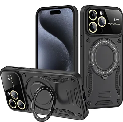 Produktbild von Rüstung Handyhülle für iPhone 15 Pro Max Dual-Layer Magnetisches Ringhalter Ständer Magsafe Hülle Schwarz