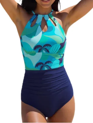 Produktbild von Damen Monokini Badeanzug Schlankheits-Effekt Push-Up Blau S