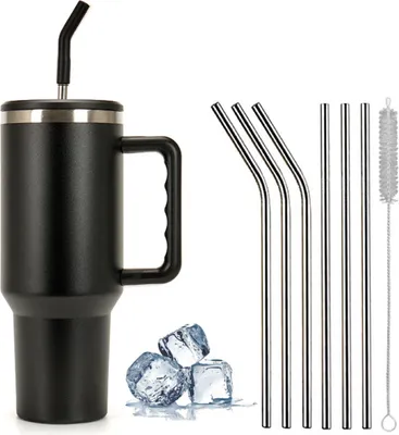 Obrázek produktu pro 1200ml hrnek s uchem a brčkem, 304 dvoustěnný vakuový hrnek z nerezové oceli, cestovní hrnek do auta, hrnek na kávu na cesty nebo do kanceláře, černý, 40 OZ