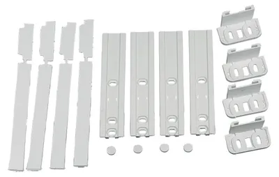 A set of white plastic refrigerator door hinges and mounting brackets are laid out on a white background.