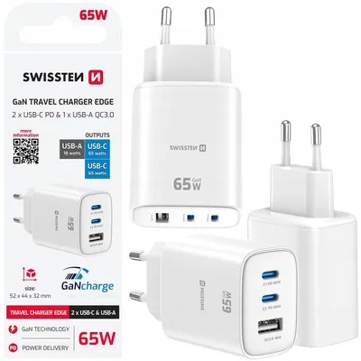 Productafbeelding van SWISSTEN GaN reislader, 2x USB-C PD 65W, 1x USB-A QC 18W