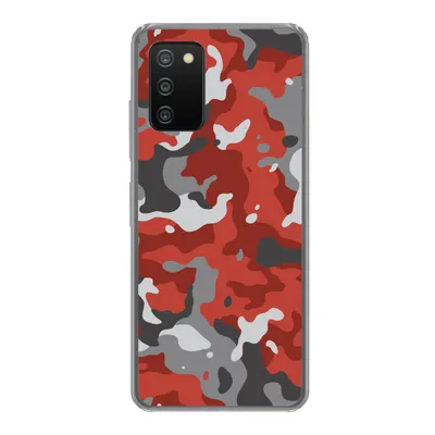 Produktbild von MuchoWow® Handyhülle Schutzhülle Hülle für Samsung Galaxy A03s Rot mit grauem Camouflage-Muster Silikon Softcase Handy Hülle - Schutz