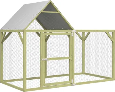 A wooden chicken coop with a pitched roof and wire mesh sides.