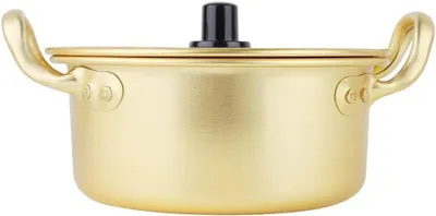 Produktbild von Korea Nudeltopf, Gold Ramen Nudeltopf Koreanischer Ramyun Hot Pot Aluminiumlegierung Traditioneller Hot Pot mit Griff Kochtopf mit Deckel Aluminiumlegierung tägliche Pfanne für Suppennudeln(16CM)