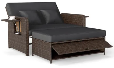 Immagine prodotto di COSTWAY Lettino da giardino in polyrattan 3 in 1, lettino prendisole con schienale regolabile, ripiani laterali, cuscini e poggiapiedi, lettino lounge doppio divano da giardino