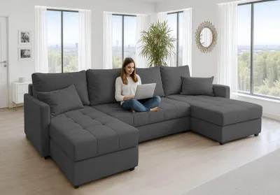 Image de AX LIVING Canapé d'angle grand Dolceo 287 cm - Canapé gris foncé avec fonction sommeil & structure