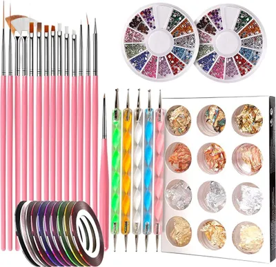 Produktbild von Nagelstift-Designer, Stempel-Nagelkunst-Werkzeug mit 15 Nagelmalpinseln, Nagelpunktierwerkzeug, Nagelfolie, Maniküreband, farbigen Strasssteinen für die Nägel