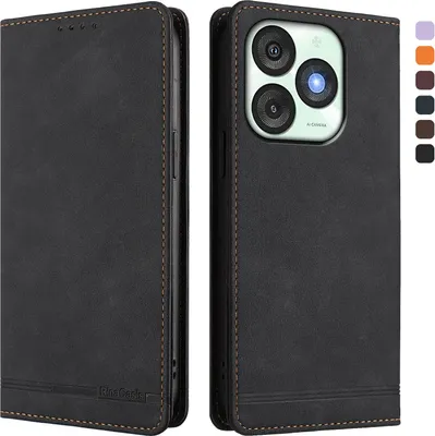 Image de Etui pour itel A50, étui rétro en cuirPolyuréthaneavec support et fentes pour cartes de crédit Noir