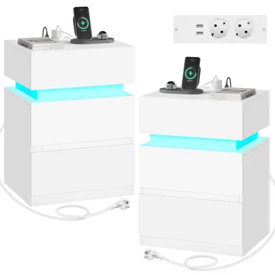 Immagine prodotto di WOLTU, set di 2 comodini, con presa di corrente, comodini con illuminazione a LED, colore bianco