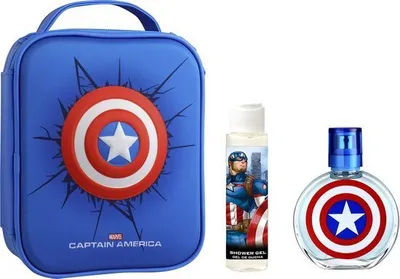 Zdjęcie produktu dla FRAGANCES FOR CHILDREN - Zestaw upominkowy Captain America EDT 100 ml, żel pod prysznic 100 ml i kosmetyczka 100 ml