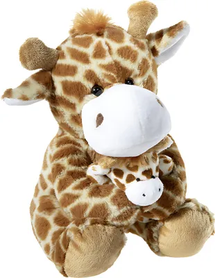 A plush toy giraffe holding a smaller plush toy giraffe.