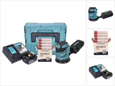 Obrázek produktu pro Akumulátorová náhodná orbitální bruska Makita DBO 180 RT1J 18 V 125 mm + 1x akumulátor 5,0 Ah + nabíječka + brusná sada Toolbrothers SPIDER síťový brusný materiál + Makpac