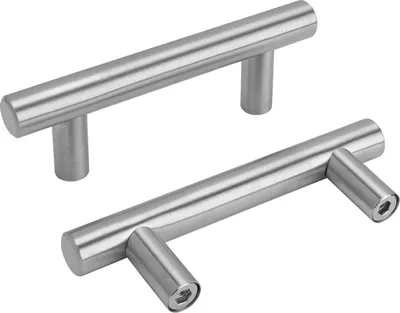 Two silver metal cabinet handles are shown against a white background.