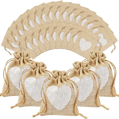 Produktbild von Jutesäckchen 30 Stück 8 x 10 cm Klein Herz mit Kordelzug, Mini Jutebeutel für Schmuck und Geschenke
