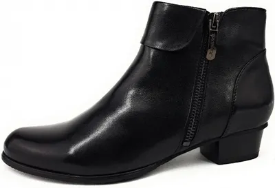 A black leather ankle boot with a side zipper and a small decorative flap over the zipper.