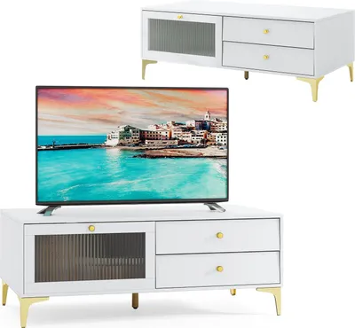 Zdjęcie produktu dla KOMFOTTEU Szafka pod telewizor ze szklanymi drzwiczkami i 2 szufladami, stojak na telewizor z 5 metalowymi nóżkami, szafka pod telewizor do 55 cali, stolik pod telewizor do salonu, sypialni, 120 x 62 x 46 cm