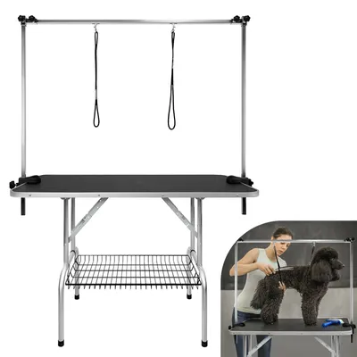 Image de XMTECH Table de toilettage pliable Table de soins pour animaux Table de soins portable Table de soins pour chiens Table de soins pour animaux domestiques Chats Métal noir avec panier en filet Hauteur réglable 113 x 60 x 76 cm