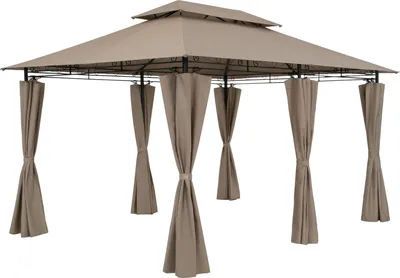 A taupe-colored gazebo with curtains, presented on a white background.