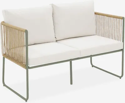 A product shot of a two-seater outdoor sofa with white cushions and a khaki rope-wrapped frame.