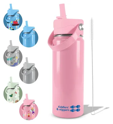 Edelstahl-Kinderflasche 500 ml, doppelwandig, rosa, mit Strohhalm
