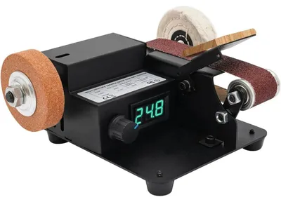 Produktbild von Mini Bandschleifer - Elektrischer Tischschleifer 350W - Stationär - Mit 10 Schleifbändern, 1 Schleifscheibe und Adapter - Für Holz und Metall