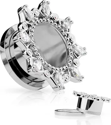 Produktbild von Flesh Tunnel Plug Edelstahl Tribal Stern Zirkonia Kristalle Ohr Piercing Ohrstecker Screw Fit silber 14 mm