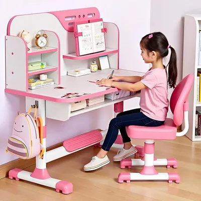 Produktbild von Schreibtisch Kinder, Kinderschreibtisch Höhenverstellbar, Kinder Schreibtischstuhl mit Bücherregal und Schublade für Schlafzimmer und Arbeitszimmer (Rosa-e)