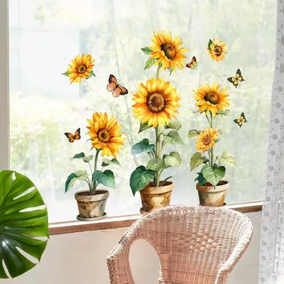 Productafbeelding van Raamstickers, 3 stuks, bloemmotief, zonnebloemen, vlinders, 30x60 cm, PVC, dubbelzijdig